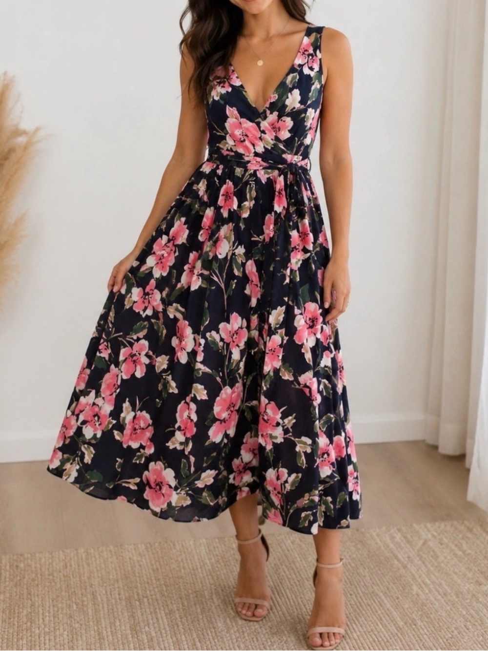 VICI black Sleeveless Floral Wrap Maxi Dress S - Tie Belt Side Slit Flowy Long